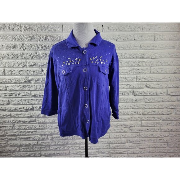 Onque Casual Womens Top 1X Plus Shirt Shacket Large Snaps Rhinestones BLU39E - Picture 1 of 10